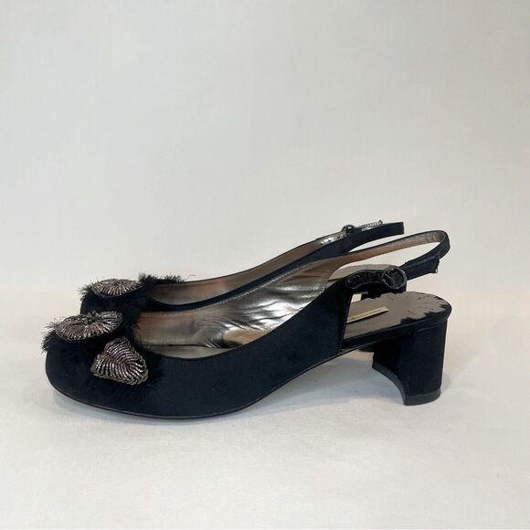 Max Studio Women's Black Satin Feather Metallic Slingback Heels Size 7.5 - Picture 6 of 9